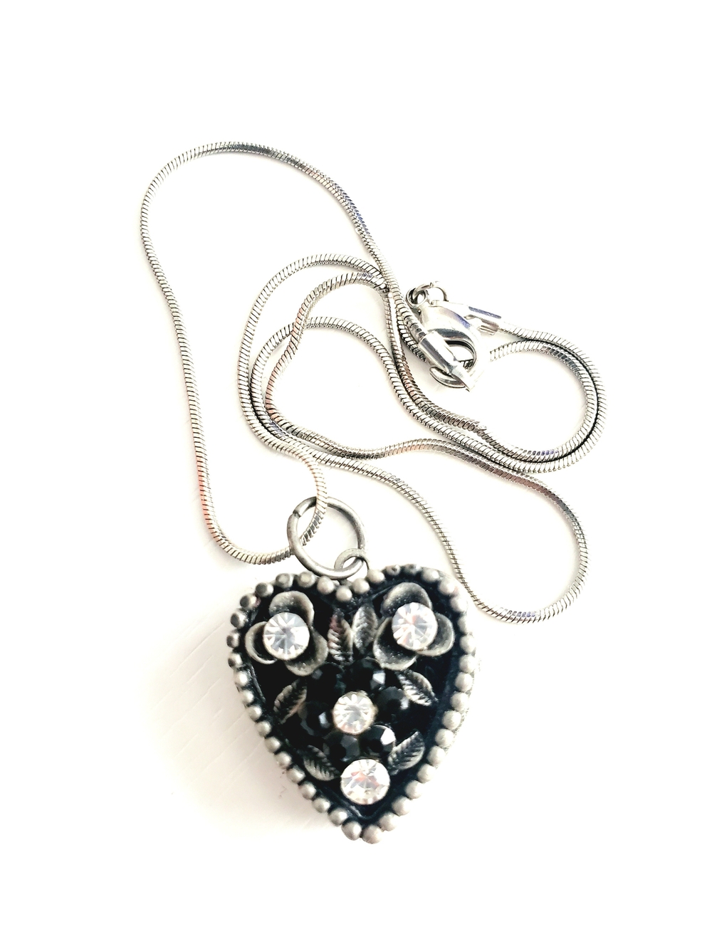 Silver-Tone Heart Locket Pendant Necklace with Clear Crystal Accents